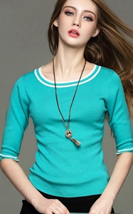 SZ60037-4Womens Классический пуловер с рукавами до локтя и 0 вырезом, осенний трикотажный топ